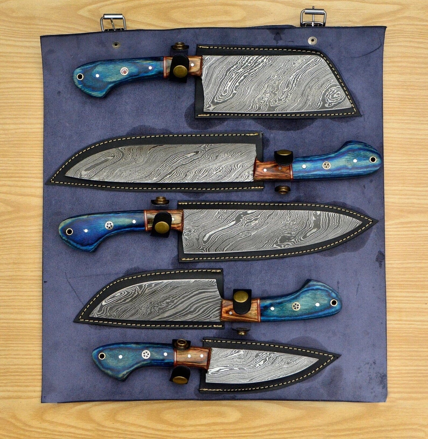 Handmade Damascus Chef set Of 5pcs With Leather,,,,,Newly Design Knives Terror Defender 