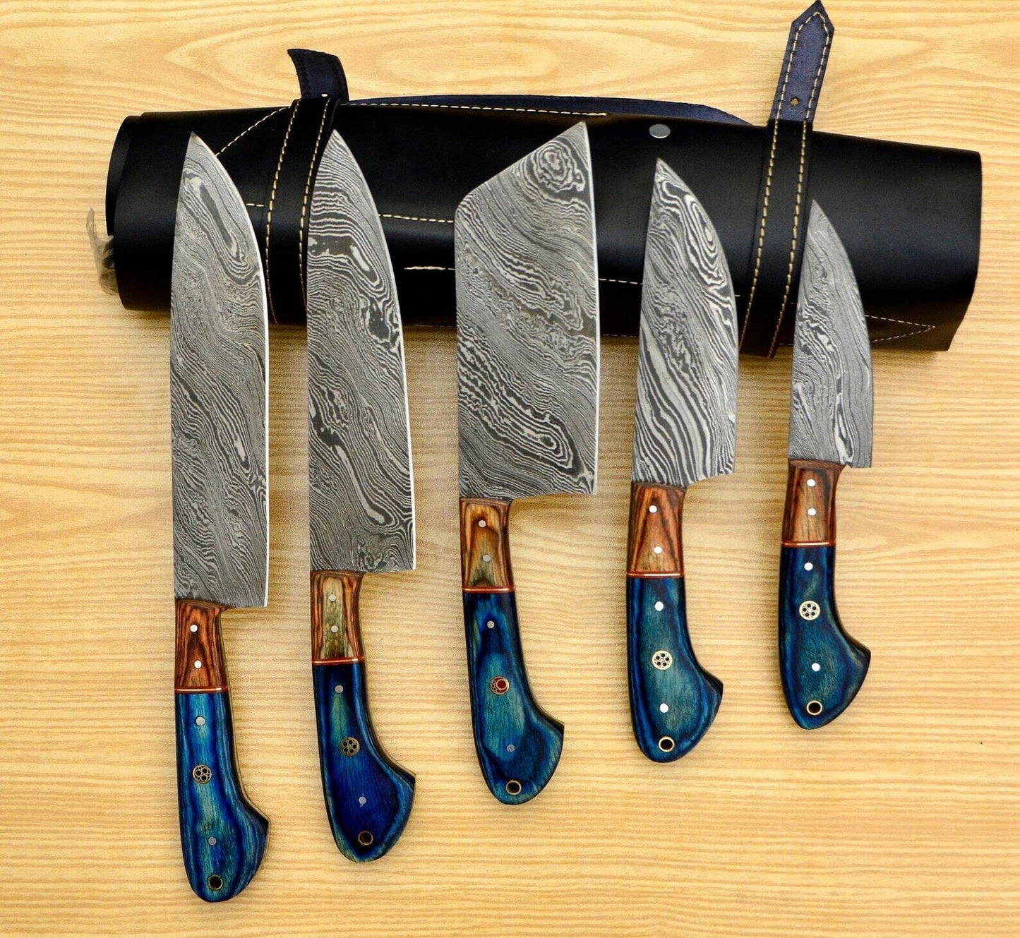 Handmade Damascus Chef set Of 5pcs With Leather,,,,,Newly Design Knives Terror Defender 