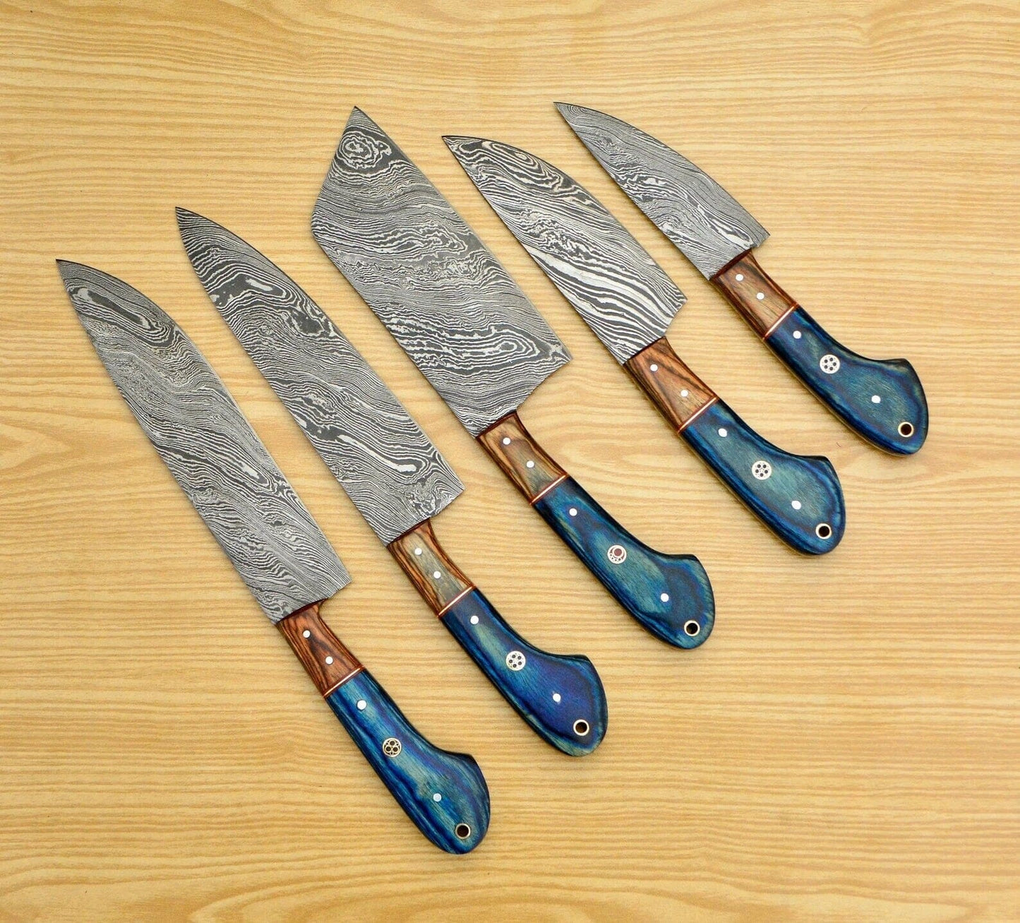 Handmade Damascus Chef set Of 5pcs With Leather,,,,,Newly Design Knives Terror Defender 