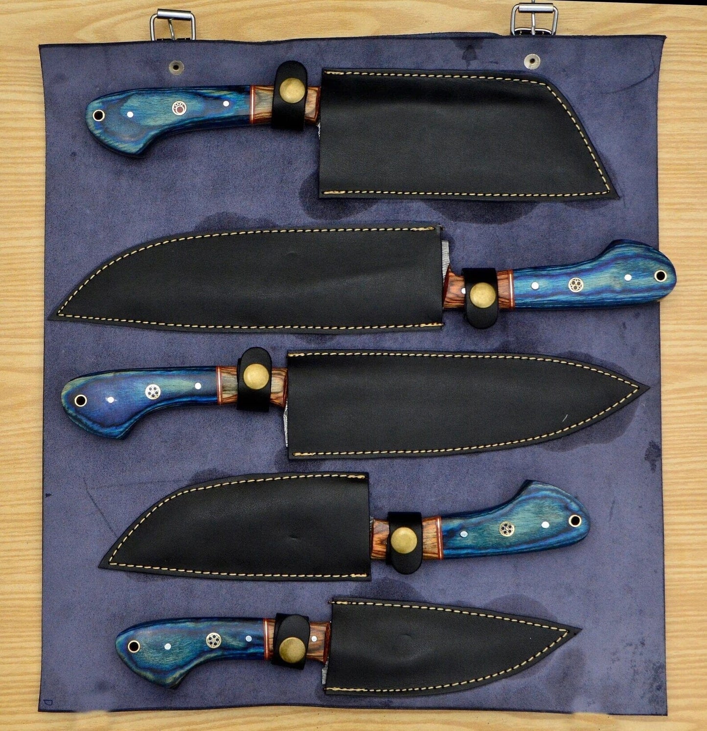 Handmade Damascus Chef set Of 5pcs With Leather,,,,,Newly Design Knives Terror Defender 