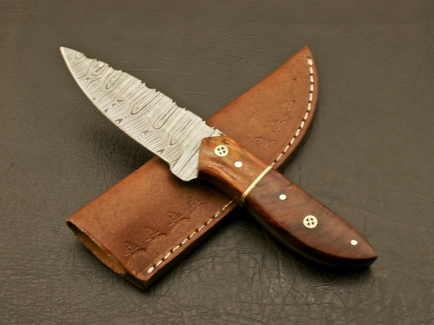 Wild with our Exquisite Handmade Damascus Steel Hunting Knife - Featuring a Stunning Rose Wood Handle and Leather sheath Hunting Terror Defender 