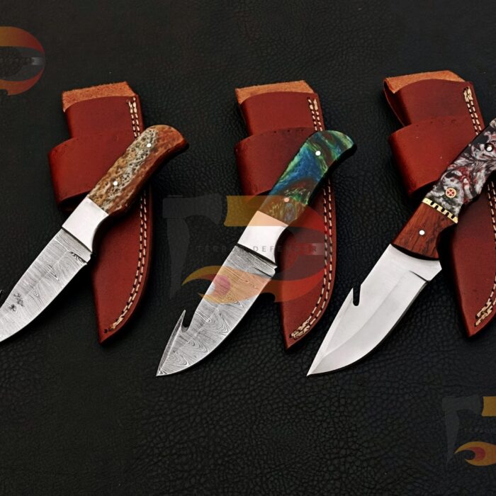 Lot of 3 Custom Handmade Damascus Hunting Knives Hunting, Gut Hook, Boot Knives for Collectors & Outdoors , Damascus . with leather Sheath