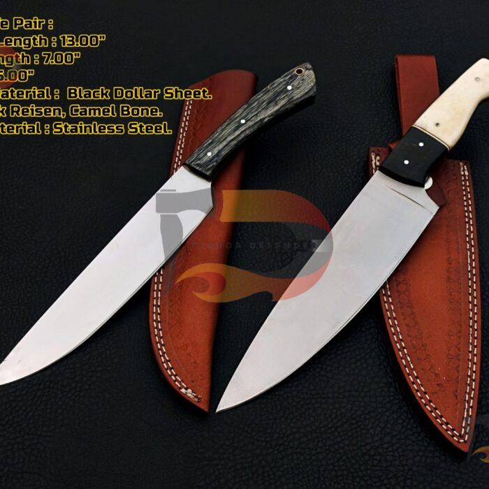 Pair of Chef Knives Custom Handmade ,Kitchen Knives , Professional Cutting Knives ,  Chef Knives With Leather Sheath