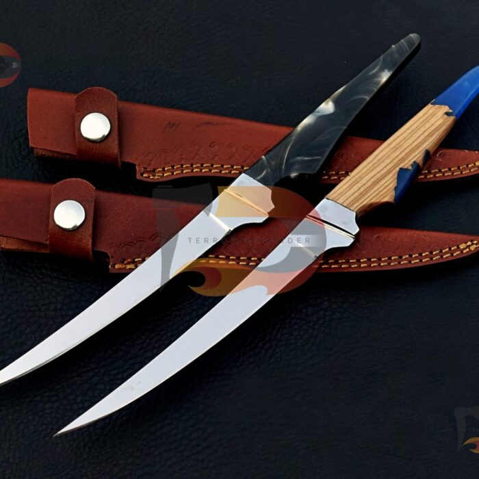 Pair of 2 Custom Handmade fillet knives , kitchen knives , professional cutting knives , razor sharp fillet knives With Leather Sheath