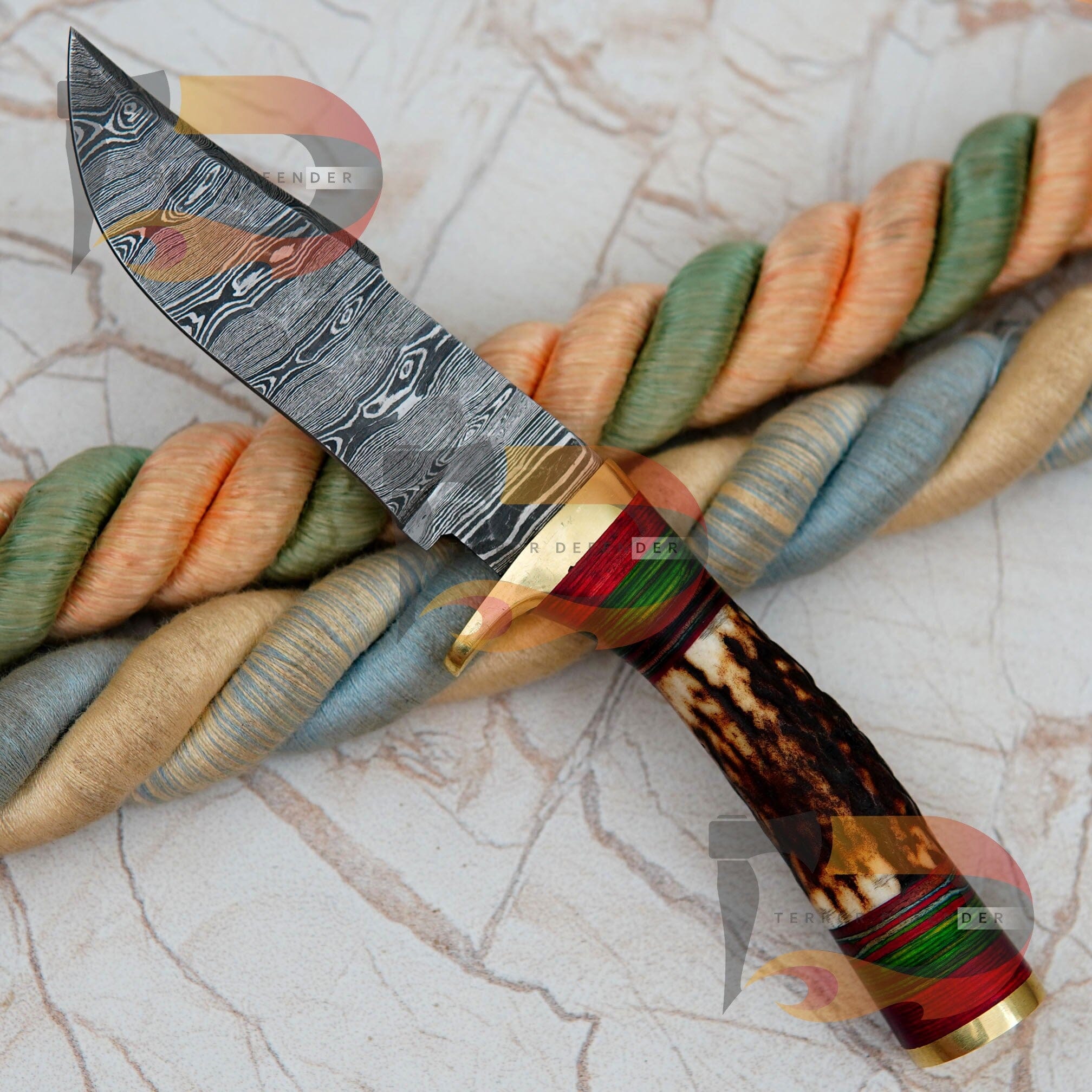 Custom Hand Forged Damascus Steel Hunting STAG HORN KNIFE  Beautiful Bolster  Handle , Comes With Pure Leather Sheath
