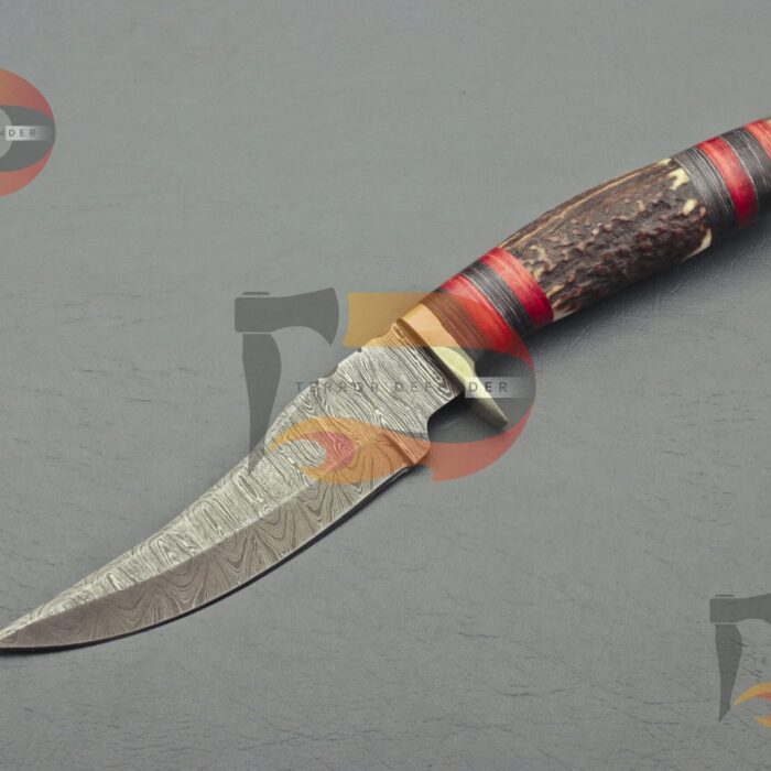 Historical Antique Handmade Damascus Hunting Stag Horn Knife Bolster Handle, Comes with Custom Sheath | Best Camping Hunting Outdoor Knife