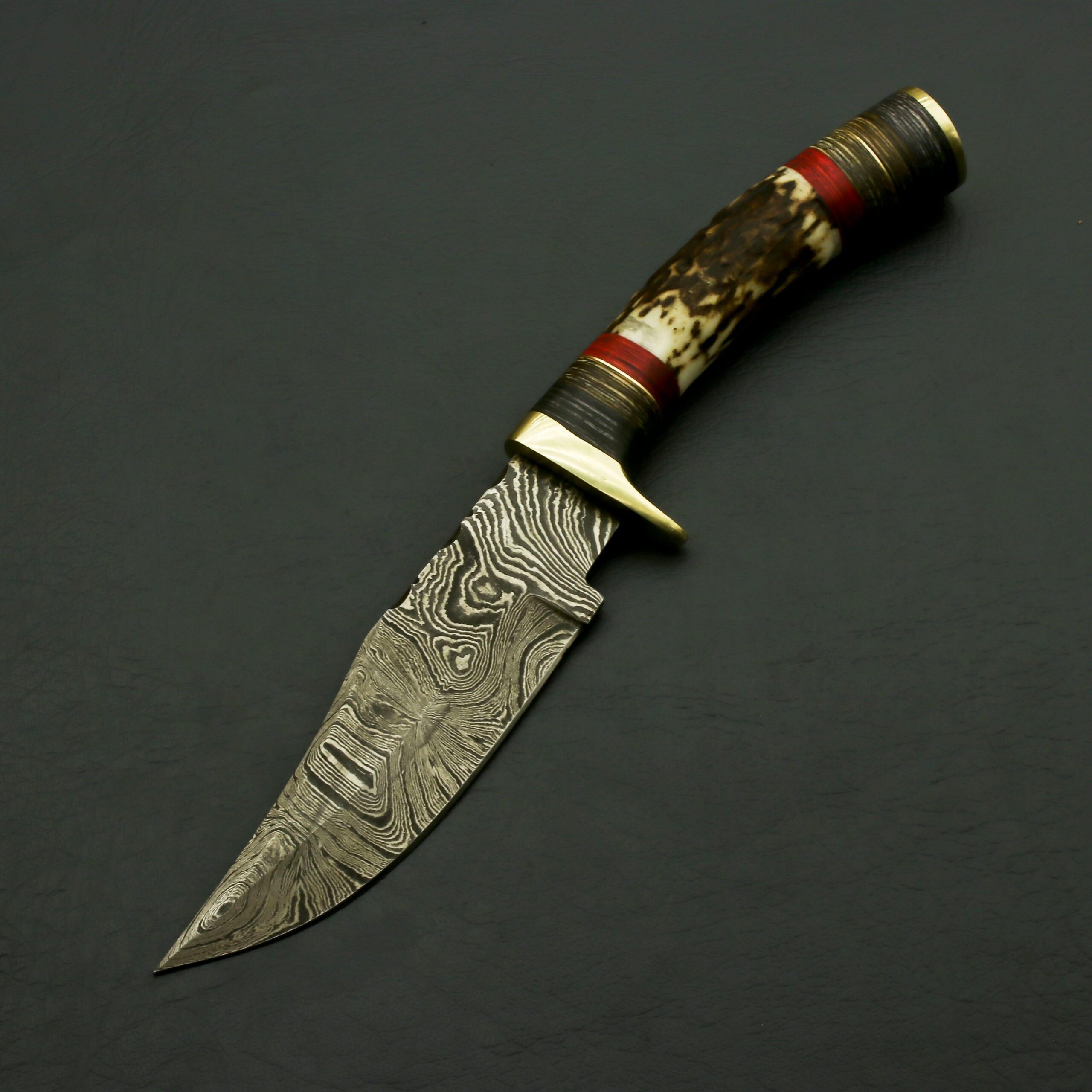 Handcrafted Damascus Steel Hunting Knife with Stag Horn Bolster Handle, and Leather Sheath
